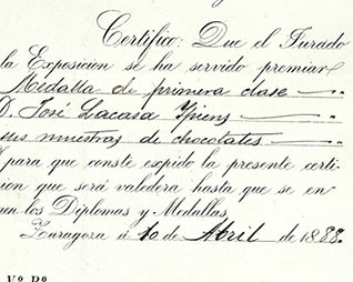 Diploma medalla de primera clase por sus muestras de chocolate. 1888 